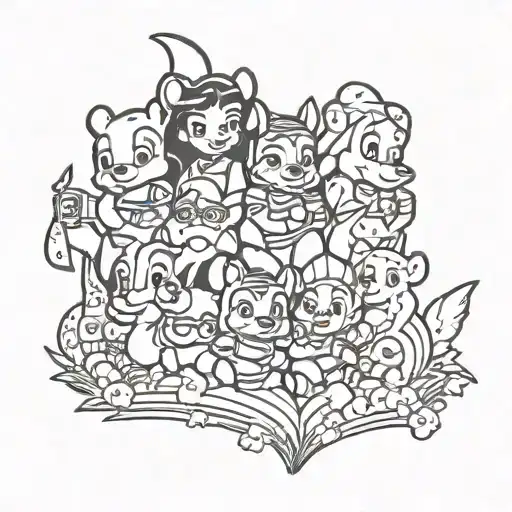 disney half sleeve tattoo design featuring pooh, lilo & stitch, little mermaid, brave tattoo design idea