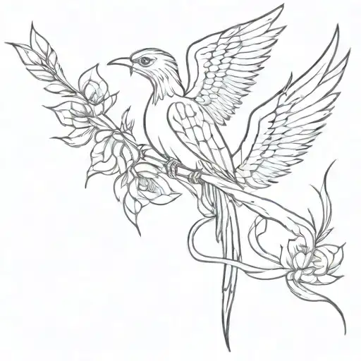phoenix with dagger and a snake and flowers intertwined tattoo design idea