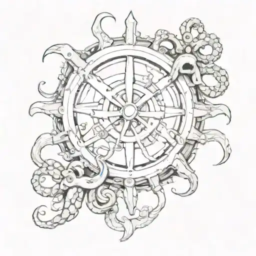 Ship's wheel, with a Hall-type anchor running through it, and octopus tentacles coming out of the sides. Facing forward tattoo design idea
