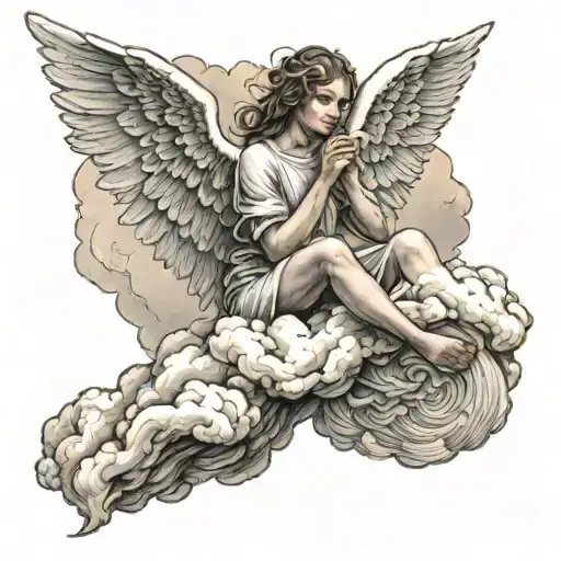 cherubium angel sitting on a cloud filled sky tattoo design idea