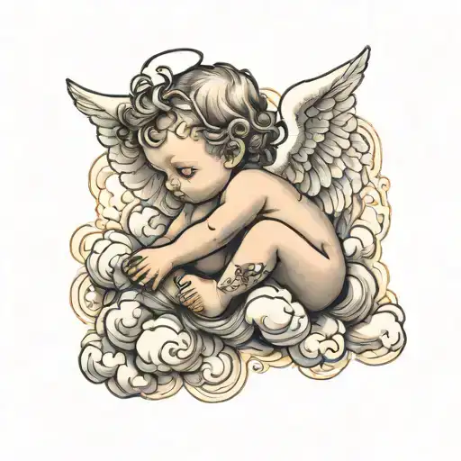 baby angel sitting on a cloud looking down  tattoo design idea