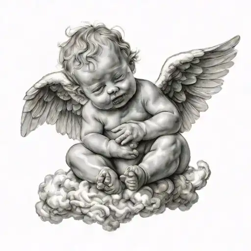 baby angel sitting on a cloud filled sky tattoo design idea