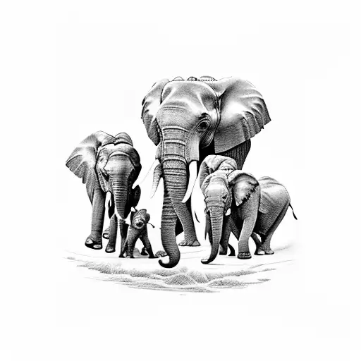 a family of five Elephants mom dad and 3 children  tattoo design idea
