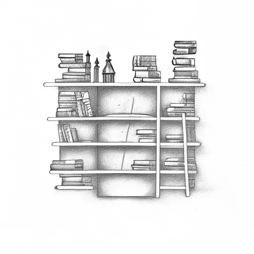 A bookshelf filled with books and a cup of tea on top tattoo design idea