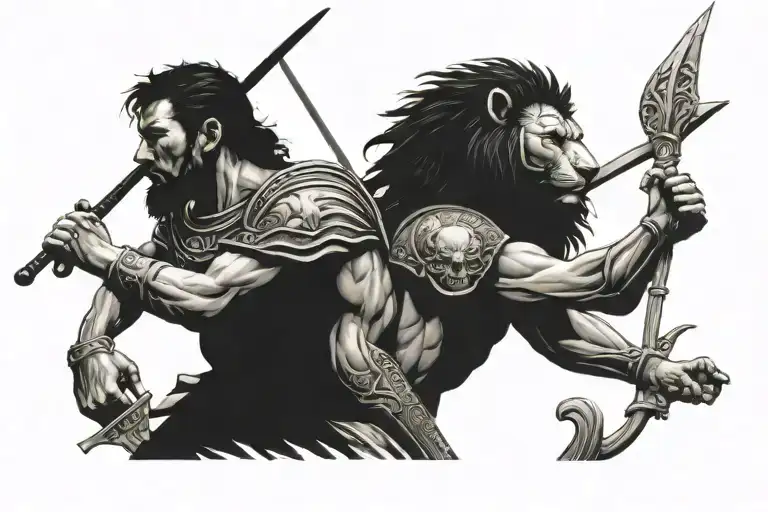 Anxient roman warrior with dead lion tattoo design idea
