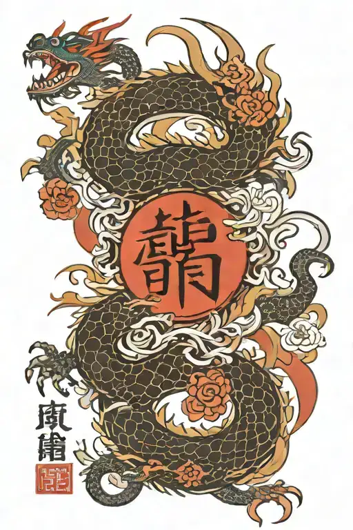 The word '正義' written in the center, draw a chinese dragon around it tattoo design idea