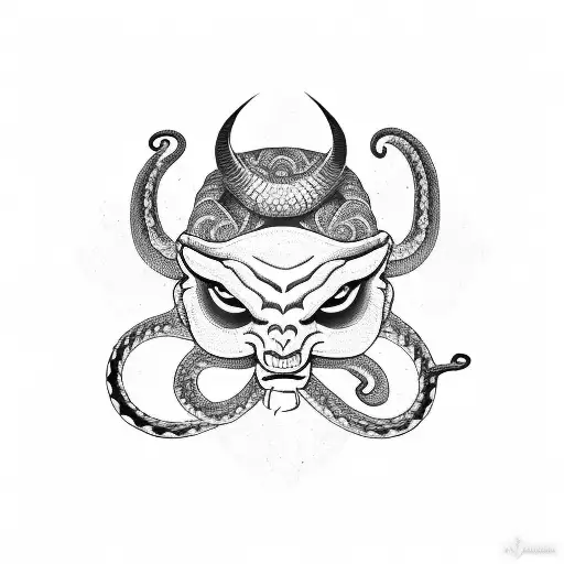 a old school scale with a snake around the middle part and on one side of the scale there is haf of a devils mask tattoo design idea