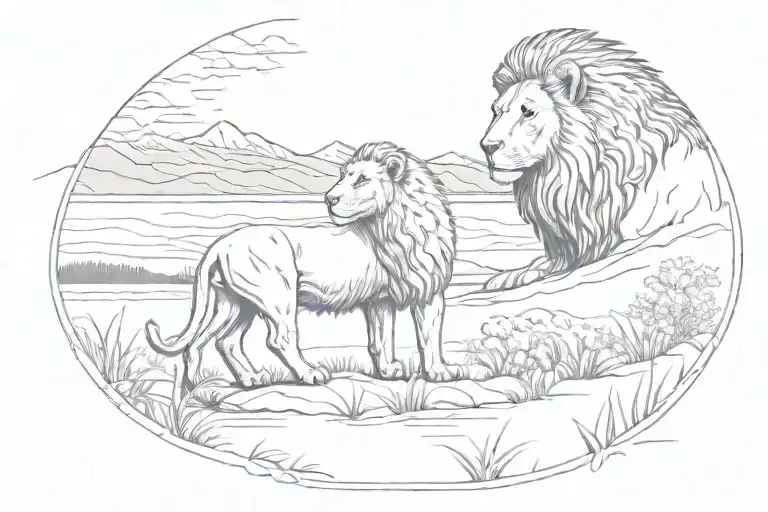 lion and a baby sheep with hills in the background and lake in the foreground tattoo design idea