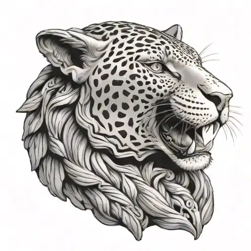 jaguar and ancient greek woman sculpture dynamic Angel head tattoo design idea