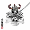 fully armoured samurai with a skeleton face in attack pose with sword drawn ready to battle a demon in the back ground t tattoo design idea