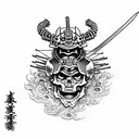 fully armoured samurai with a skeleton face in attack pose with sword drawn ready to battle a demon in the back ground t tattoo design idea