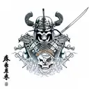 fully armoured samurai with a skeleton face in attack pose with sword drawn ready to battle a demon in the back ground t tattoo design idea