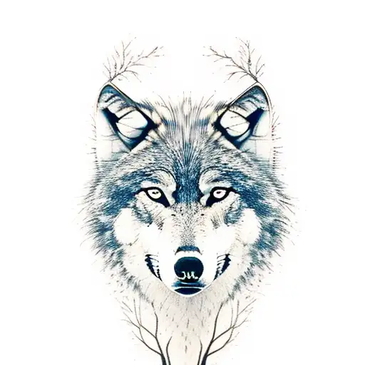 wolf with trees and wolf childs tattoo design idea