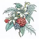 spider lily, blue berries, pine tree, raspberries, floral tattoo design idea