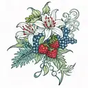 spider lily, blue berries, pine tree, raspberries, floral tattoo design idea