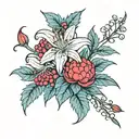 spider lily, blue berries, pine tree, raspberries, floral tattoo design idea