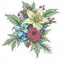 spider lily, blue berries, pine tree, raspberries, floral tattoo design idea