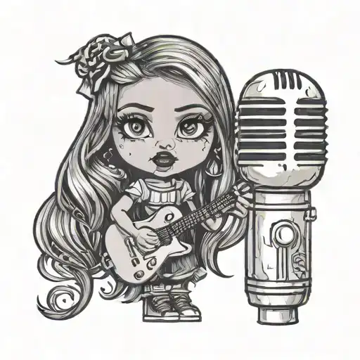A spooky tattoo of a Bratz doll holding a microphone, inspired by scary movies tattoo design idea