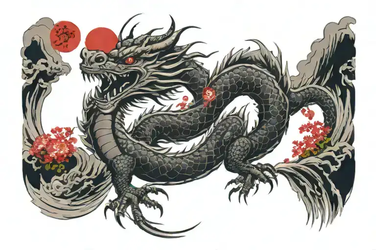 The dragon soaring up to the blood moon , there is a tower under it tattoo design idea