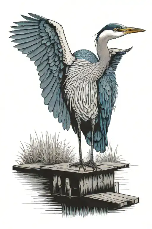 blue heron standing on dock extending into a serene tattoo design idea