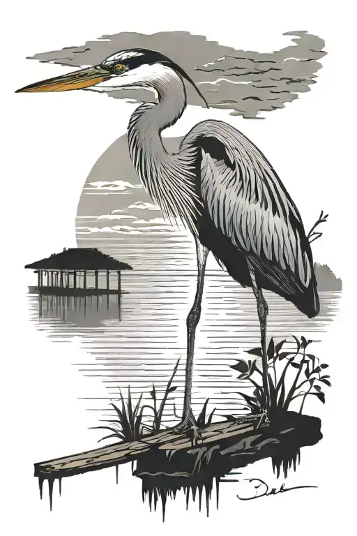 blue heron standing on dock extending into a serene tattoo design idea