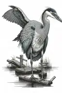 blue heron standing on dock extending into a serene tattoo design idea