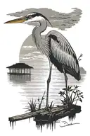 blue heron standing on dock extending into a serene tattoo design idea