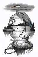 blue heron standing on dock extending into a serene tattoo design idea