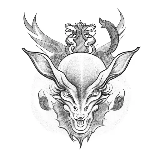 A blackwork tattoo of a baphomet surrounded by mythical animals tattoo design idea