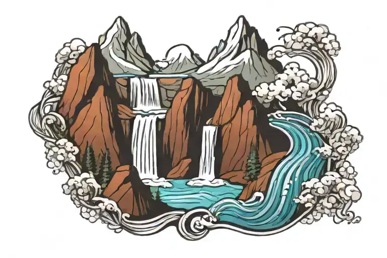 mountain range with waterfall flowing tattoo design idea