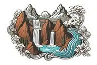 mountain range with waterfall flowing tattoo design idea