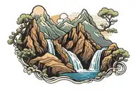 mountain range with waterfall flowing tattoo design idea