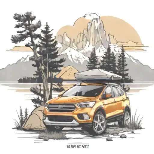 ford escape parked at a campsite with a tent, overlooking a lake, with the grand tetons in the background  tattoo design idea