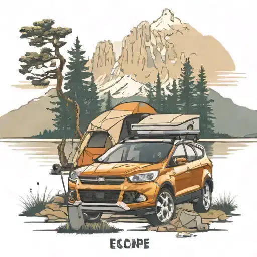 ford escape parked at a campsite with a tent, overlooking a lake, with the grand tetons in the background  tattoo design idea