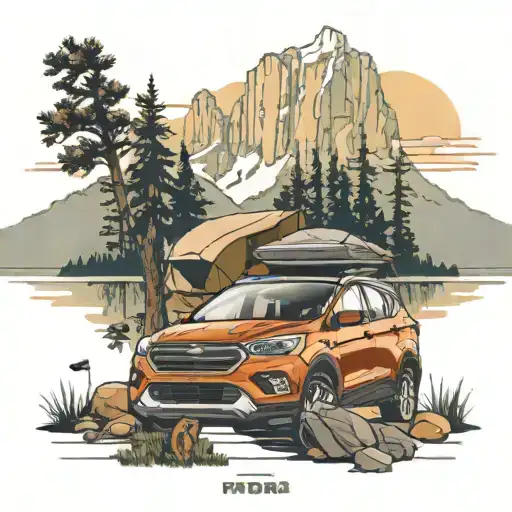 ford escape parked at a campsite with a tent, overlooking a lake, with the grand tetons in the background  tattoo design idea