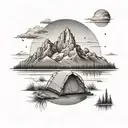  campsite with a tent, overlooking a lake, with the grand tetons in the background  tattoo design idea