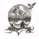  campsite with a tent, overlooking a lake, with the grand tetons in the background  tattoo design idea