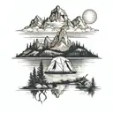  campsite with a tent, overlooking a lake, with the grand tetons in the background  tattoo design idea
