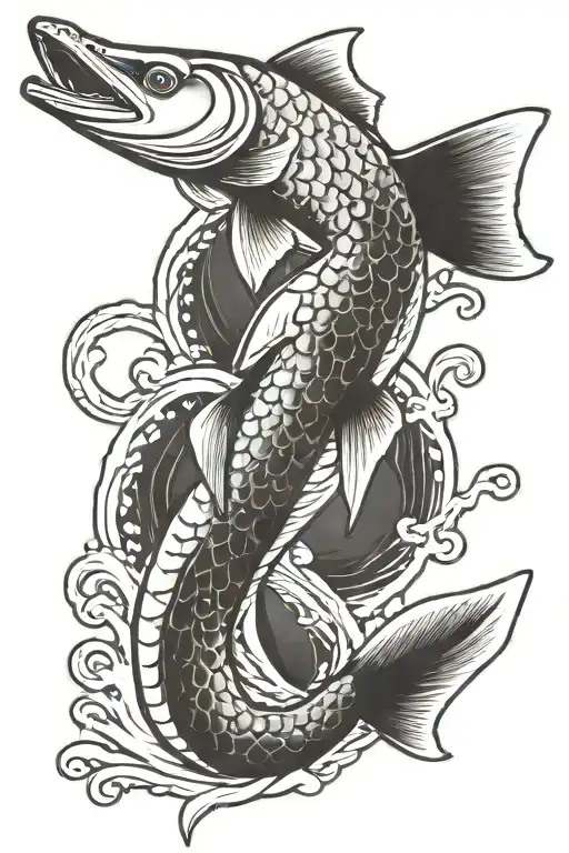 Northern Pike Koi Fish swimming upwards Japanese waves tattoo design idea