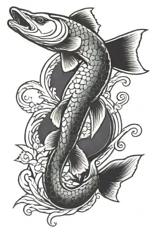 Northern Pike Koi Fish swimming upwards facing right tattoo design idea