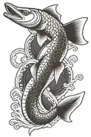 Northern Pike Koi Fish swimming upwards Japanese waves tattoo design idea