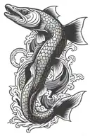Northern Pike Koi Fish swimming upwards Japanese waves tattoo design idea