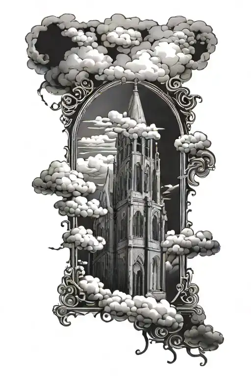 warhammer script writing clouds floating church window tattoo design idea