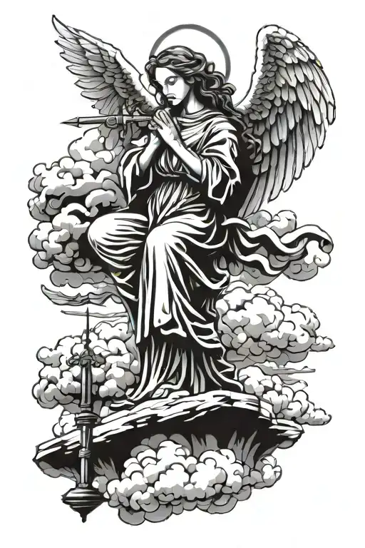 Lady praying, church, holy text, angel, weapon, war, fighting, clouds, shadow tattoo design idea