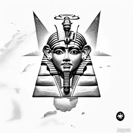 king tut face, pyramids, eye of hors, all seeing eye, , camels, desert, palm trees tattoo design idea