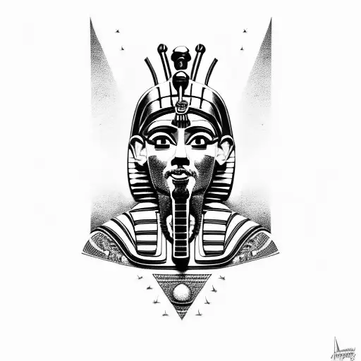 king tut face, pyramids, eye of hors, , camels, desert, palm trees tattoo design idea