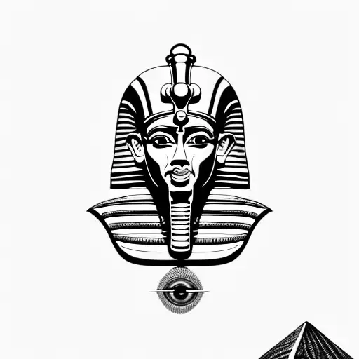 king tut face, pyramids, eye of hors, , camels, desert, palm trees tattoo design idea