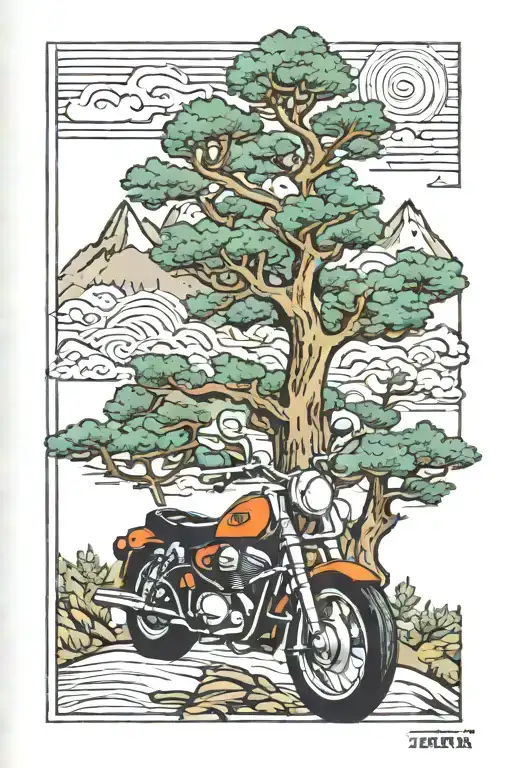 mountain trees trek motorcycle book open tattoo design idea