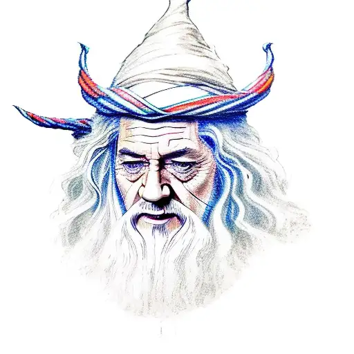 Gandalf from "the lord of the rings", harmonically colored in: black,brown, white, red, yellow, green, blue. tattoo design idea