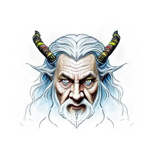 Gandalf and balrog from "the lord of the rings", harmonically colored in: black,brown, white, red, yellow, green, blue. tattoo design idea